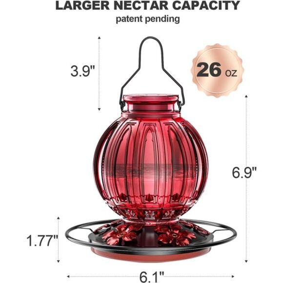 Glass Hummingbird Feeder for Outdoors Hanging,26Oz Bird Nectar Feeder with Perch - Picture 4 of 7